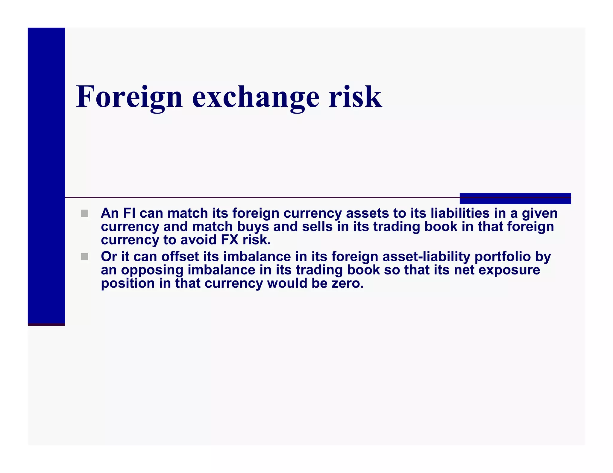 Foreign exchange risk


 An FI can match its foreign currency assets to its liabilities in a given
  currency and match buys and sells in its trading book in that foreign
  currency to avoid FX risk.
 Or it can offset its imbalance in its foreign asset-liability portfolio by
  an opposing imbalance in its trading book so that its net exposure
  position in that currency would be zero.
 
