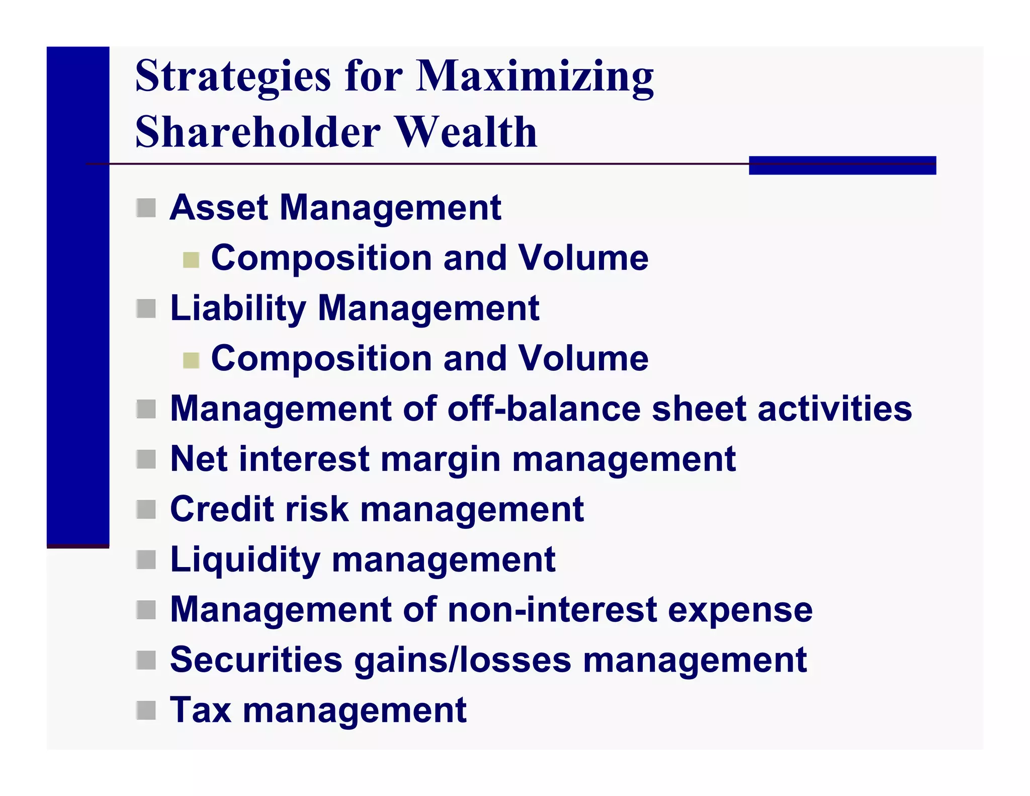 Strategies for Maximizing
Shareholder Wealth
 Asset Management
    Composition and Volume
 Liability Management
    Composition and Volume
 Management of off-balance sheet activities
 Net interest margin management
 Credit risk management
 Liquidity management
 Management of non-interest expense
 Securities gains/losses management
 Tax management
 
