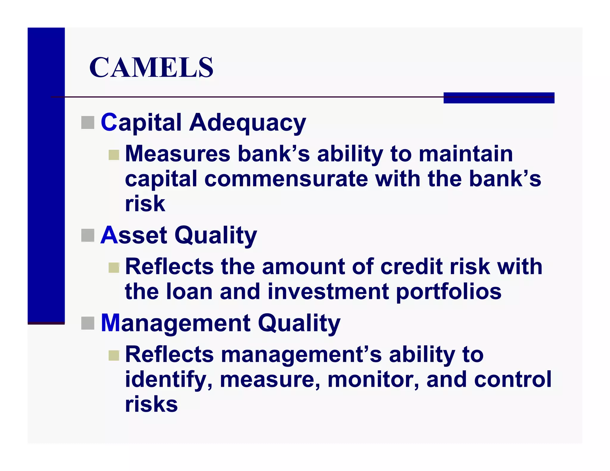 CAMELS
 Capital Adequacy
   Measures bank’s ability to maintain
    capital commensurate with the bank’s
    risk
 Asset Quality
   Reflects the amount of credit risk with
    the loan and investment portfolios
 Management Quality
   Reflects management’s ability to
    identify, measure, monitor, and control
    risks
 
