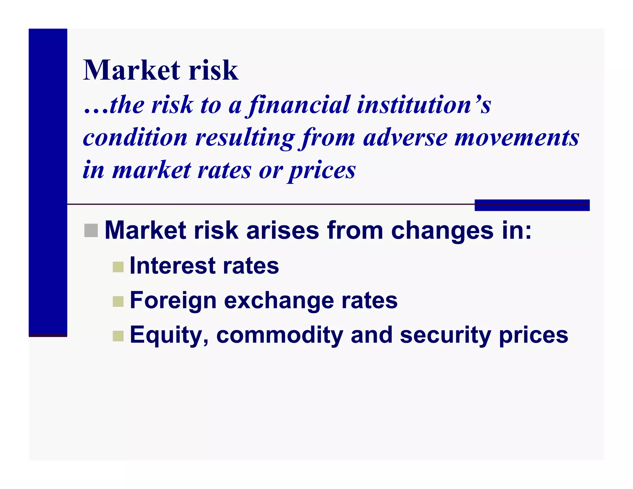 Market risk
…the risk to a financial institution’s
condition resulting from adverse movements
in market rates or prices

 Market risk arises from changes in:
   Interest rates
   Foreign exchange rates
   Equity, commodity and security prices
 