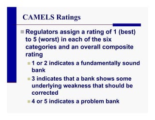 CAMELS Ratings
 Regulators assign a rating of 1 (best)
 to 5 (worst) in each of the six
 categories and an overall composite
 rating
  1  or 2 indicates a fundamentally sound
    bank
   3 indicates that a bank shows some
    underlying weakness that should be
    corrected
   4 or 5 indicates a problem bank
 