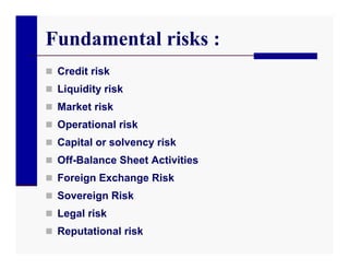 Fundamental risks :
 Credit risk
 Liquidity risk
 Market risk
 Operational risk
 Capital or solvency risk
 Off-Balance Sheet Activities
 Foreign Exchange Risk
 Sovereign Risk
 Legal risk
 Reputational risk
 