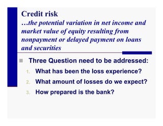 Credit risk
…the potential variation in net income and
market value of equity resulting from
nonpayment or delayed payment on loans
and securities
 Three Question need to be addressed:
  1.   What has been the loss experience?
  2.   What amount of losses do we expect?
  3.   How prepared is the bank?
 
