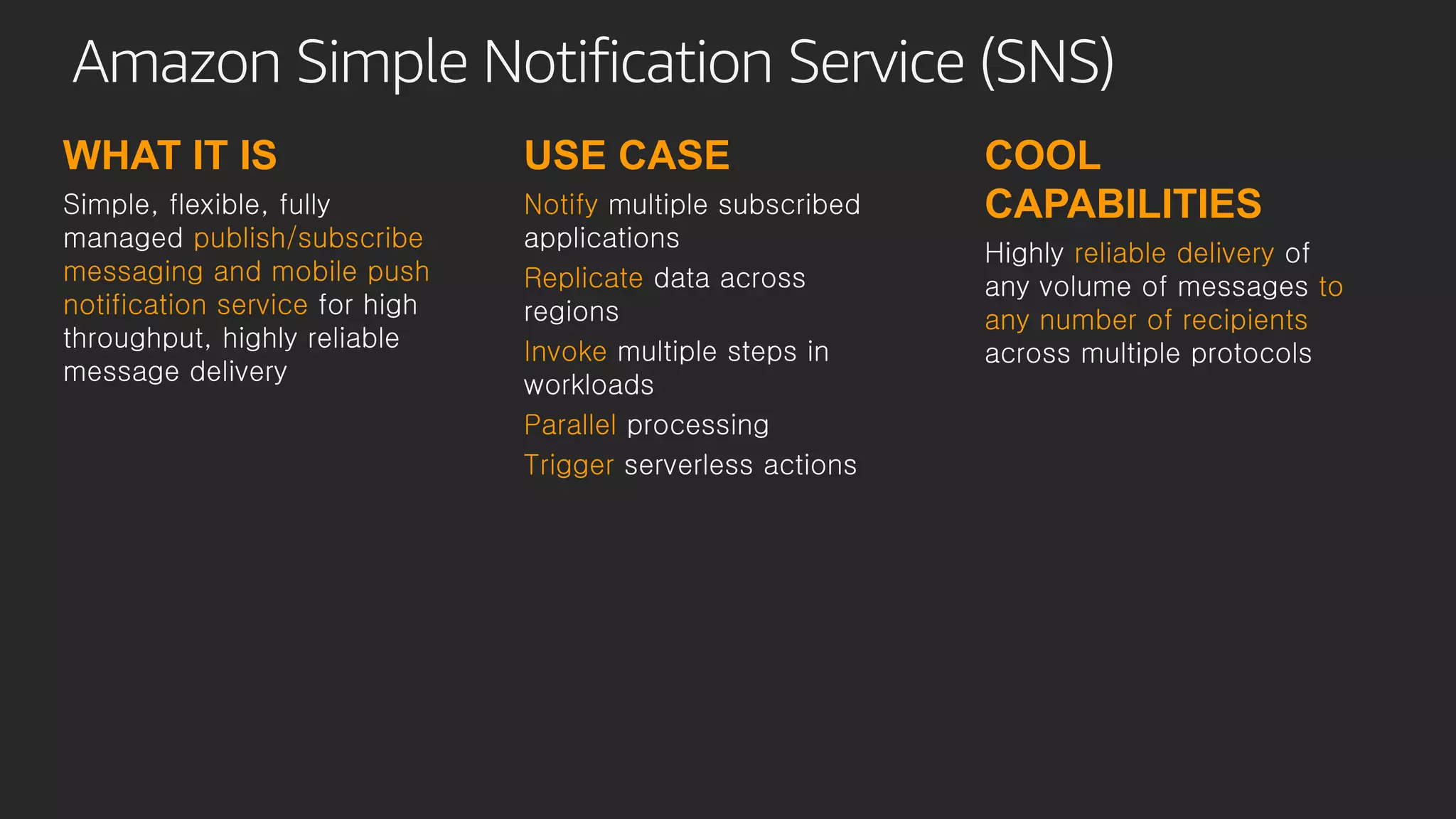 Amazon Simple Notification Service (SNS)
WHAT IT IS
Simple, flexible, fully
managed publish/subscribe
messaging and mobile push
notification service for high
throughput, highly reliable
message delivery
USE CASE
Notify multiple subscribed
applications
Replicate data across
regions
Invoke multiple steps in
workloads
Parallel processing
Trigger serverless actions
COOL
CAPABILITIES
Highly reliable delivery of
any volume of messages to
any number of recipients
across multiple protocols
 