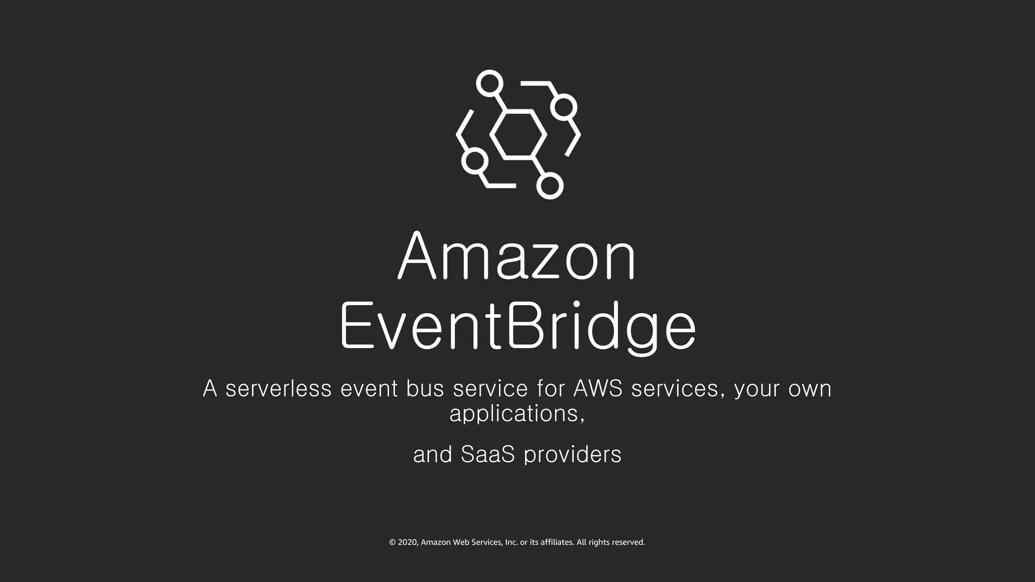 © 2020, Amazon Web Services, Inc. or its affiliates. All rights reserved.
Amazon
EventBridge
A serverless event bus service for AWS services, your own
applications,
and SaaS providers
 