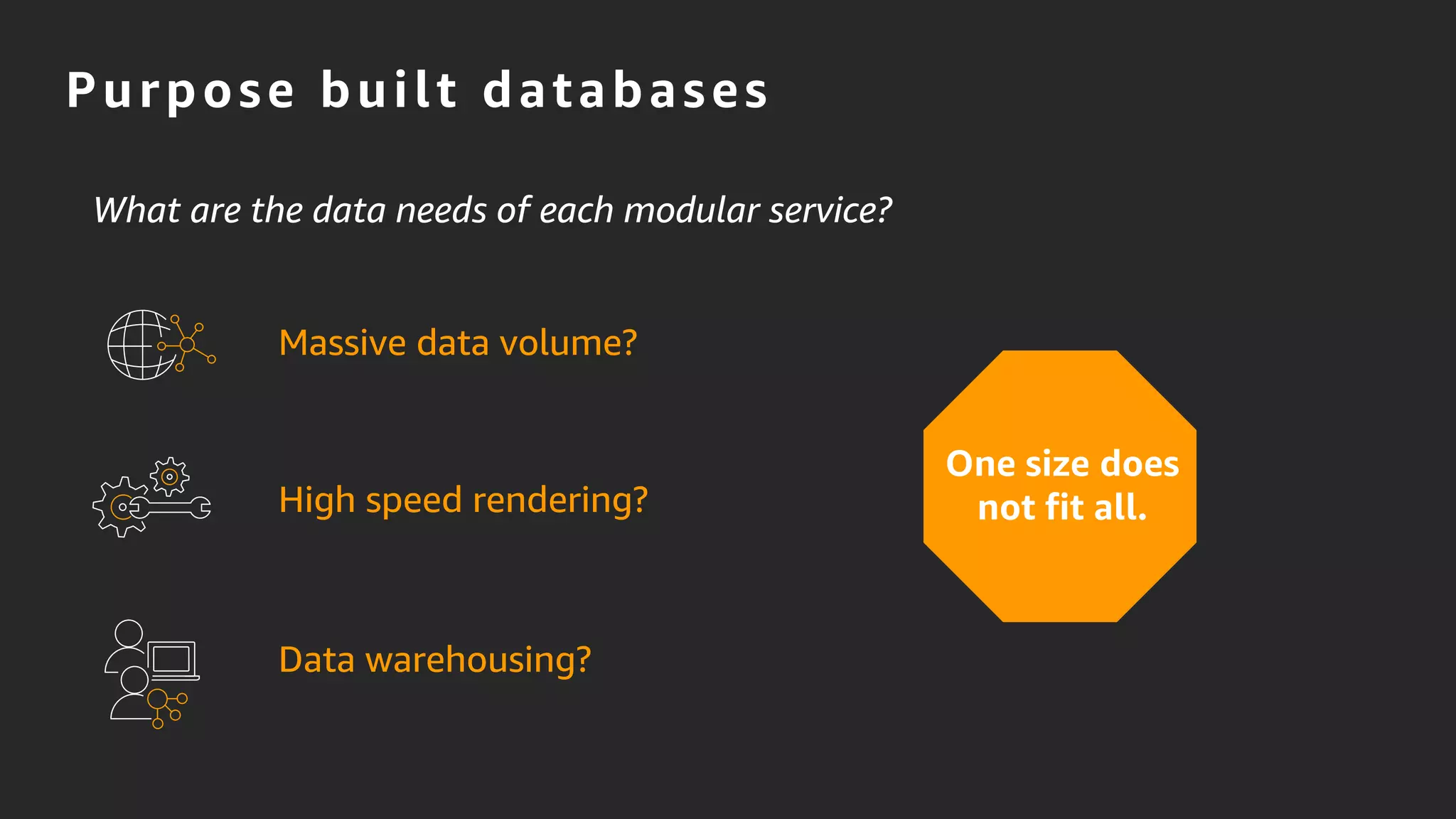 Purpose built databases
Massive data volume?
One size does
not fit all.
What are the data needs of each modular service?
Data warehousing?
High speed rendering?
 
