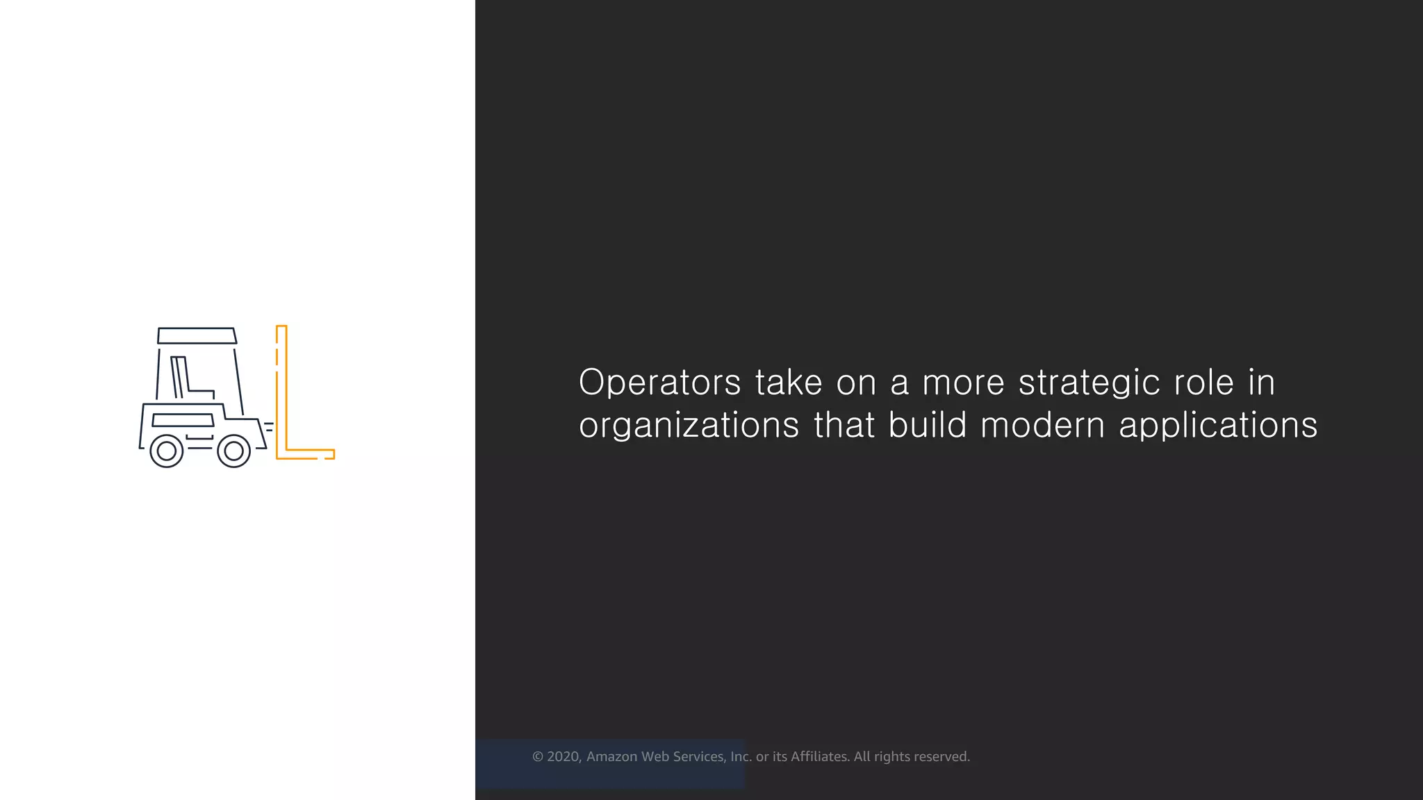 © 2020, Amazon Web Services, Inc. or its Affiliates. All rights reserved.
Operators take on a more strategic role in
organizations that build modern applications
 