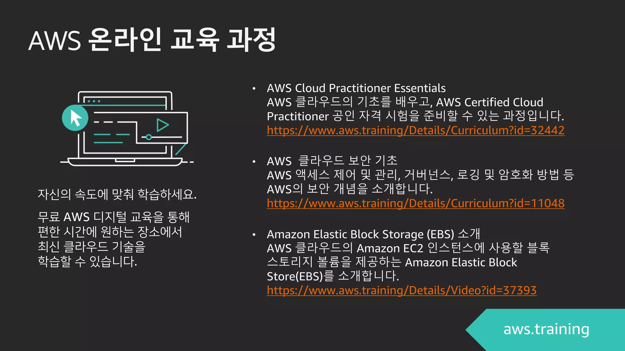 AWS 온라인 교육 과정
• AWS Cloud Practitioner Essentials
AWS 클라우드의 기초를 배우고, AWS Certified Cloud
Practitioner 공인 자격 시험을 준비할 수 있는 과정입니다.
https://www.aws.training/Details/Curriculum?id=32442
• AWS 클라우드 보안 기초
AWS 액세스 제어 및 관리, 거버넌스, 로깅 및 암호화 방법 등
AWS의 보안 개념을 소개합니다.
https://www.aws.training/Details/Curriculum?id=11048
• Amazon Elastic Block Storage (EBS) 소개
AWS 클라우드의 Amazon EC2 인스턴스에 사용할 블록
스토리지 볼륨을 제공하는 Amazon Elastic Block
Store(EBS)를 소개합니다.
https://www.aws.training/Details/Video?id=37393
자신의 속도에 맞춰 학습하세요.
무료 AWS 디지털 교육을 통해
편한 시간에 원하는 장소에서
최신 클라우드 기술을
학습할 수 있습니다.
 