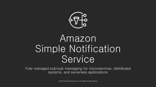 © 2020, Amazon Web Services, Inc. or its affiliates. All rights reserved.
Amazon
Simple Notification
Service
Fully managed pub/sub messaging for microservices, distributed
systems, and serverless applications
 
