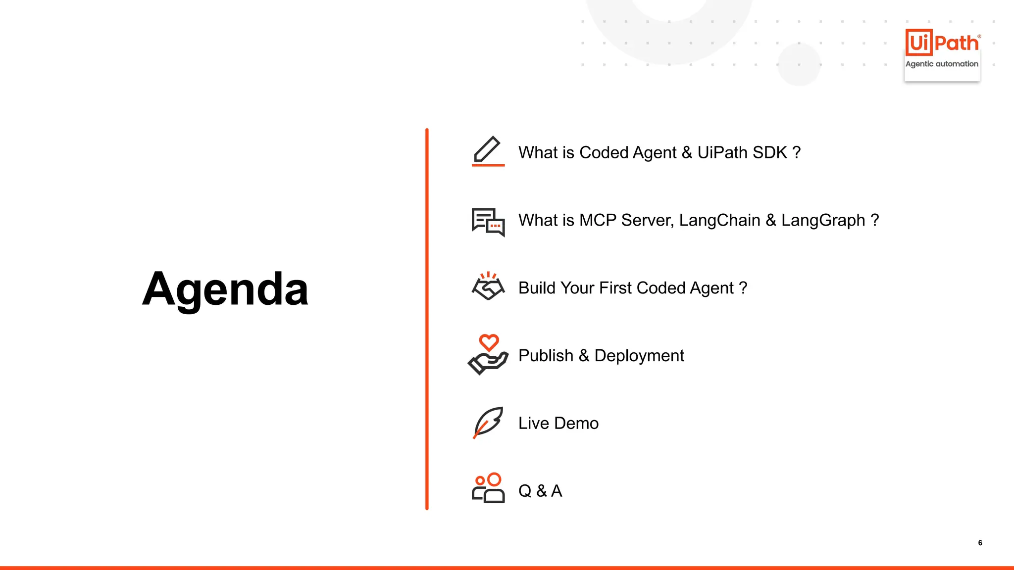 6
Agenda
What is Coded Agent & UiPath SDK ?
What is MCP Server, LangChain & LangGraph ?
Build Your First Coded Agent ?
Publish & Deployment
Live Demo
Q & A
 