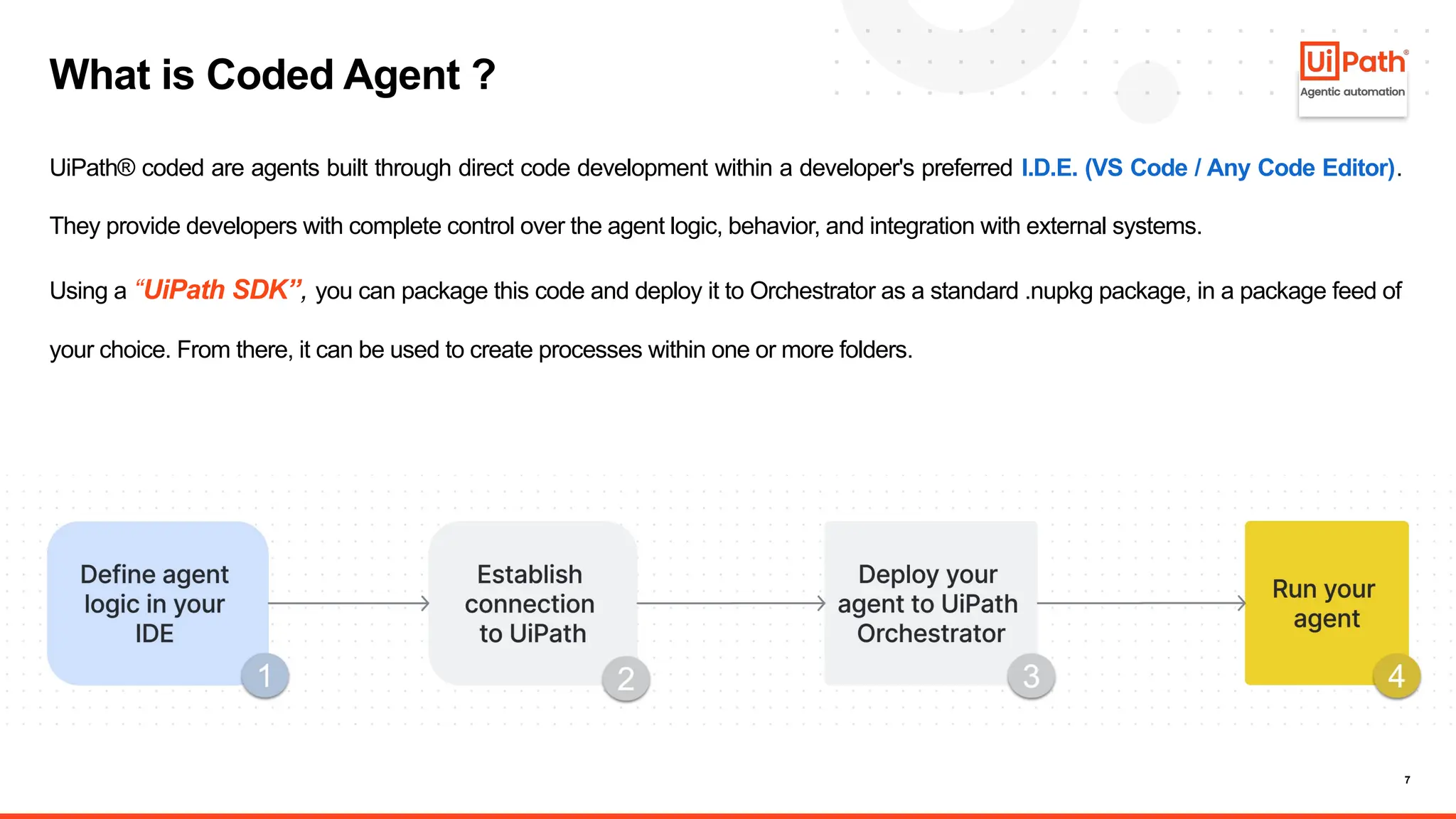 7
UiPath® coded are agents built through direct code development within a developer's preferred I.D.E. (VS Code / Any Code Editor).
They provide developers with complete control over the agent logic, behavior, and integration with external systems.
Using a “UiPath SDK”, you can package this code and deploy it to Orchestrator as a standard .nupkg package, in a package feed of
your choice. From there, it can be used to create processes within one or more folders.
What is Coded Agent ?
 