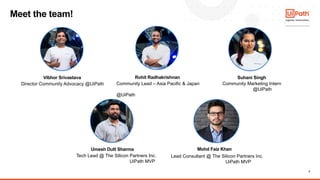 3
Meet the team!
Lead Consultant @ The Silicon Partners Inc.
UiPath MVP
Umesh Dutt Sharma
Tech Lead @ The Silicon Partners Inc.
UiPath MVP
Suhani Singh
Community Marketing Intern
@UiPath
Rohit Radhakrishnan
Community Lead – Asia Pacific & Japan
@UiPath
Vibhor Srivastava
Director Community Advocacy @UiPath
Mohd Faiz Khan
 
