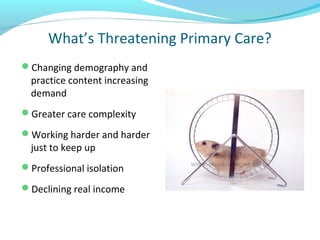 What’s Threatening Primary Care?
Changing demography and
practice content increasing
demand
Greater care complexity
Working harder and harder
just to keep up
Professional isolation
Declining real income
 