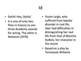 Id Stella! Hey, Stella! It is one of only two films in history to win three Academy awards for acting. The other is Network (1976) Vivien Leigh, who suffered from bipolar disorder in real life, later had difficulties in distinguishing her real life from that of Blanche DuBois, her character in the movie Based on a play by Tennessee Williams 