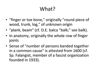 What? "finger or toe bone," originally "round piece of wood, trunk, log," of unknown origin "plank, beam" (cf. O.E. balca "balk;" see balk).  In anatomy, originally the whole row of finger joints Sense of "number of persons banded together in a common cause" is attested from 1600 (cf. Sp. Falangist, member of a fascist organization founded in 1933). 