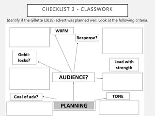 CHECKLIST 3 - CLASSWORK
Identify if the Gillette (2019) advert was planned well. Look at the following criteria.
 