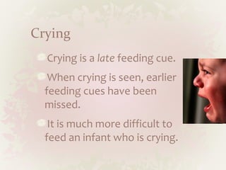 Crying
Crying is a late feeding cue.
When crying is seen, earlier
feeding cues have been
missed.
It is much more difficult to
feed an infant who is crying.
 
