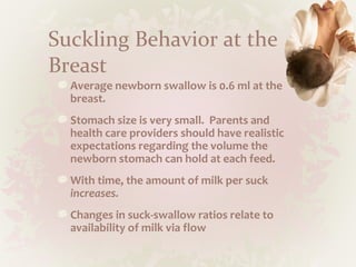 Suckling Behavior at the
Breast
Average newborn swallow is 0.6 ml at the
breast.
Stomach size is very small. Parents and
health care providers should have realistic
expectations regarding the volume the
newborn stomach can hold at each feed.
With time, the amount of milk per suck
increases.
Changes in suck-swallow ratios relate to
availability of milk via flow
 