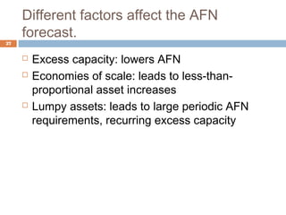 Different factors affect the AFN
forecast.
27
 Excess capacity: lowers AFN
 Economies of scale: leads to less-than-
proportional asset increases
 Lumpy assets: leads to large periodic AFN
requirements, recurring excess capacity
 