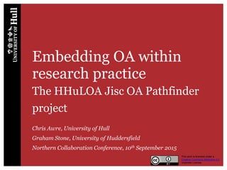 Embedding OA within
research practice
The HHuLOA Jisc OA Pathfinder
project
Chris Awre, University of Hull
Graham Stone, University of Huddersfield
Northern Collaboration Conference, 10th September 2015
This work is licensed under a
Creative Commons Attribution 3.0
Unported License
 