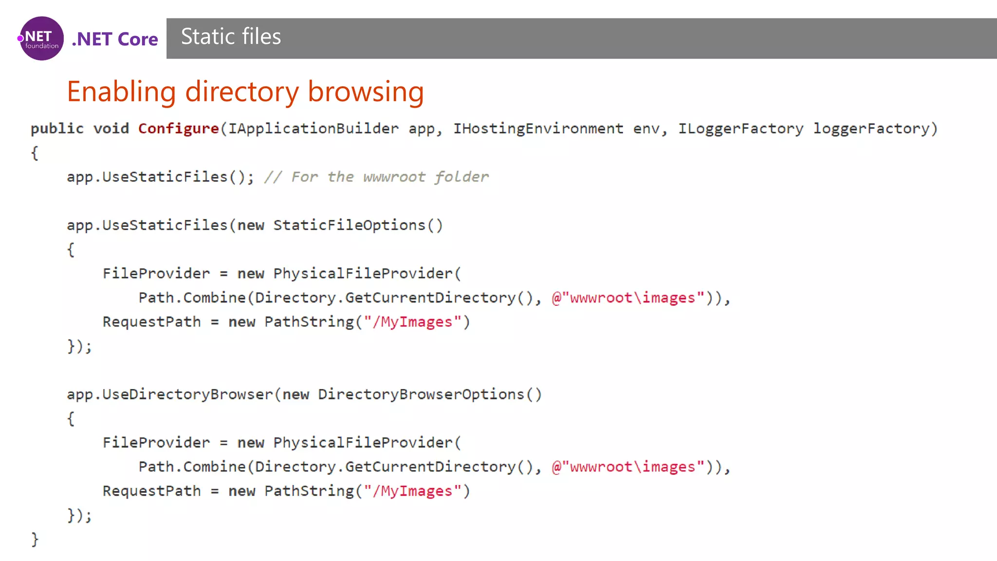 .NET Core Enabling directory browsing Static files 