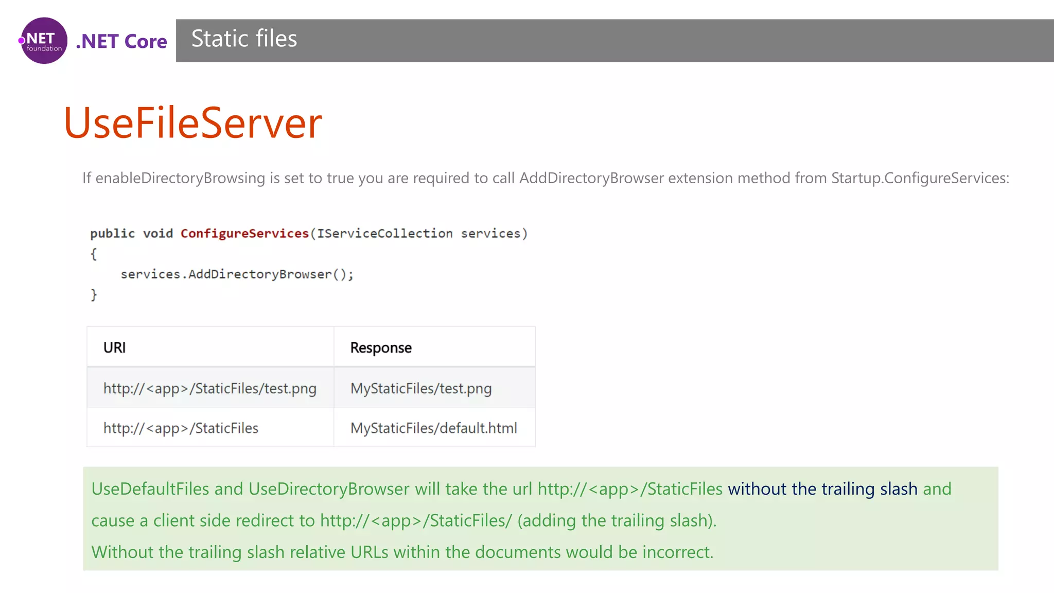 .NET Core UseFileServer Static files If enableDirectoryBrowsing is set to true you are required to call AddDirectoryBrowser extension method from Startup.ConfigureServices: UseDefaultFiles and UseDirectoryBrowser will take the url http://<app>/StaticFiles without the trailing slash and cause a client side redirect to http://<app>/StaticFiles/ (adding the trailing slash). Without the trailing slash relative URLs within the documents would be incorrect. 