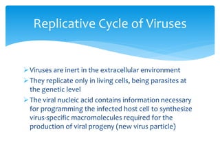 Viruses are inert in the extracellular environment
They replicate only in living cells, being parasites at
the genetic level
The viral nucleic acid contains information necessary
for programming the infected host cell to synthesize
virus-specific macromolecules required for the
production of viral progeny (new virus particle)
Replicative Cycle of Viruses
 