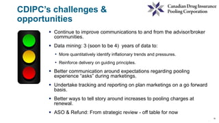 19
19
 Continue to improve communications to and from the advisor/broker
communities.
 Data mining: 3 (soon to be 4) years of data to:
• More quantitatively identify inflationary trends and pressures.
• Reinforce delivery on guiding principles.
 Better communication around expectations regarding pooling
experience “asks” during marketings.
 Undertake tracking and reporting on plan marketings on a go forward
basis.
 Better ways to tell story around increases to pooling charges at
renewal.
 ASO & Refund: From strategic review - off table for now
CDIPC’s challenges &
opportunities
 