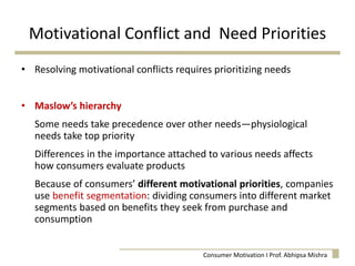 Motivational Conflict and Need Priorities
• Resolving motivational conflicts requires prioritizing needs
• Maslow’s hierarchy
Some needs take precedence over other needs—physiological
needs take top priority
Differences in the importance attached to various needs affects
how consumers evaluate products
Because of consumers’ different motivational priorities, companies
use benefit segmentation: dividing consumers into different market
segments based on benefits they seek from purchase and
consumption
Consumer Motivation I Prof. Abhipsa Mishra
 