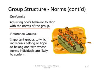 Group Structure - Norms (cont’d) © 2005 Prentice Hall Inc. All rights reserved. 8– Conformity Adjusting one’s behavior to align with the norms of the group. Reference Groups Important groups to which individuals belong or hope to belong and with whose norms individuals are likely to conform. 