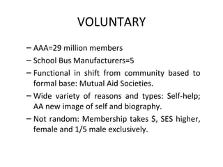 VOLUNTARY AAA=29 million members  School Bus Manufacturers=5  Functional in shift from community based to formal base: Mutual Aid Societies.  Wide variety of reasons and types: Self-help; AA new image of self and biography.  Not random: Membership takes $, SES higher, female and 1/5 male exclusively.  