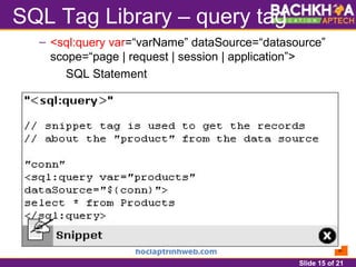 Slide 15 of 21
SQL Tag Library – query tag
– <sql:query var=“varName” dataSource=“datasource”
scope=“page | request | session | application”>
SQL Statement
 