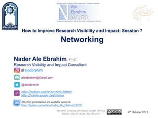 aleebrahim@Gmail.com
@aleebrahim
https://publons.com/researcher/1692944
https://scholar.google.com/citation
Nader Ale Ebrahim, PhD
Research Visibility and Impact Consultant
4th October 2021
All of my presentations are available online at:
https://figshare.com/authors/Nader_Ale_Ebrahim/100797
@aleebrahim
How to Improve Research Visibility and Impact: Session 7
Networking
Research Visibility and Impact Center-(RVnIC)
©2021-2023 Dr. Nader Ale Ebrahim
 