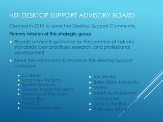 HDI DESKTOP SUPPORT ADVISORY BOARD
Created in 2010 to serve the Desktop Support Community
Primary mission of this strategic group
 Provide advice & guidance for the creation of industry
standards, best practices, research, and professional
development
 Serve the community & enhance the desktop support
profession
 L.L. Bean
 Long View Systems
 Boston University
 George Mason University
 University of Wisconsin,
Green Bay
 PepsiCo
 United Healthcare
 Ion Media
 Boise State University
 Verint
 Marsh & McLennan
Companies
 Jack in the Box
 Parkview Health
 