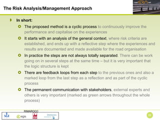 In short: The proposed method is a cyclic process  to continuously improve the performance and capitalise on the experiences It starts with an analysis of the general context , where risk criteria are established, and ends up with a reflective step where the experiences and results are documented and made available for the road organisation In practice the steps are not always totally separated . There can be work going on in several steps at the same time – but it is very important that the logic structure is kept There are feedback loops from each step  to the previous ones and also a marked loop from the last step as a reflection and as part of the cyclic process The permanent communication with stakeholders , external experts and others is very important (marked as green arrows throughout the whole process) The Risk Analysis/Management Approach 