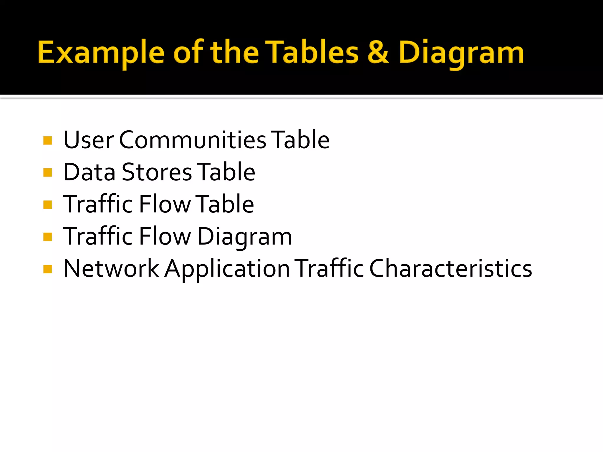  User CommunitiesTable
 Data StoresTable
 Traffic FlowTable
 Traffic Flow Diagram
 Network ApplicationTraffic Characteristics
 