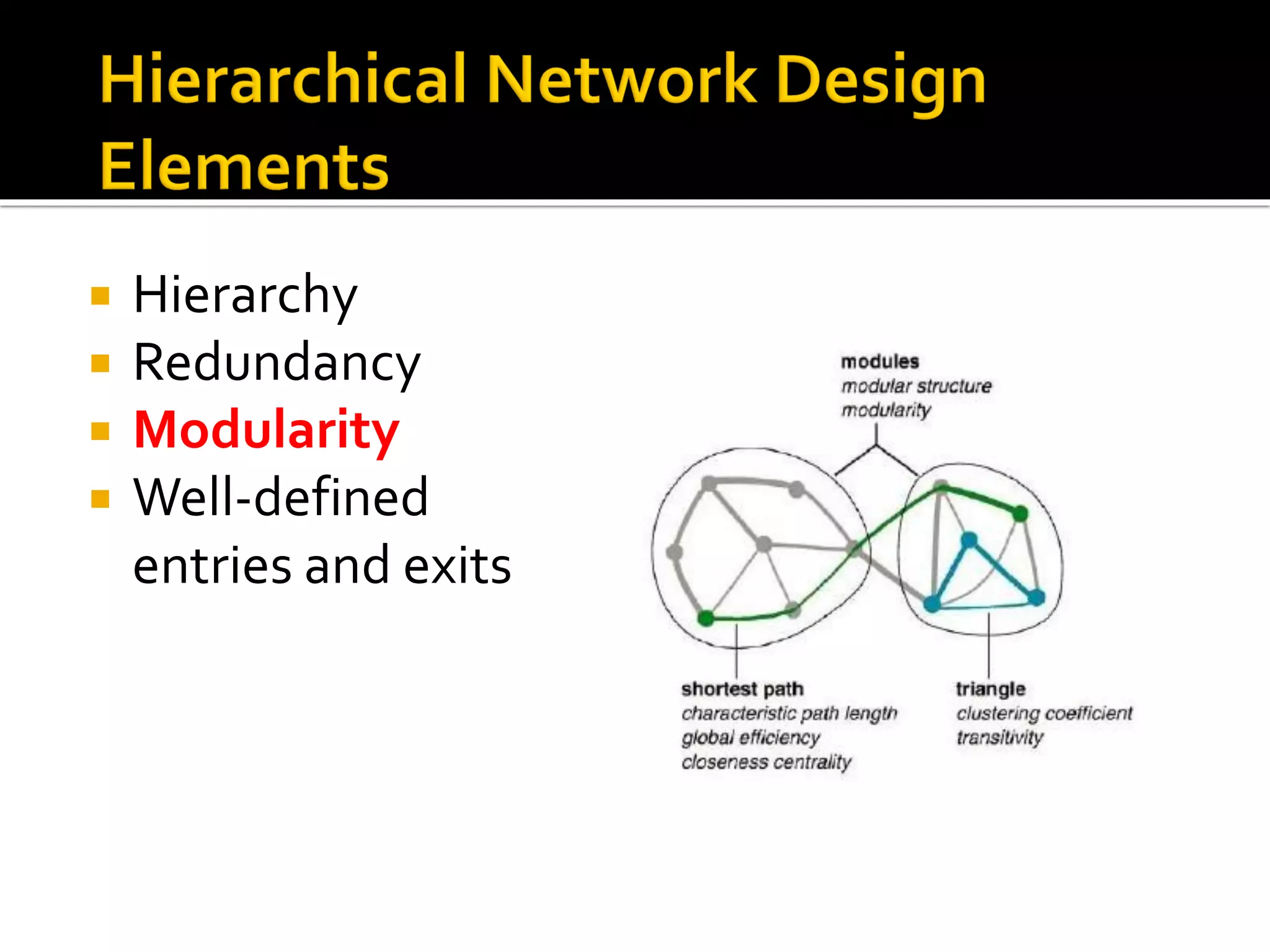  Hierarchy
 Redundancy
 Modularity
 Well-defined
entries and exits
 