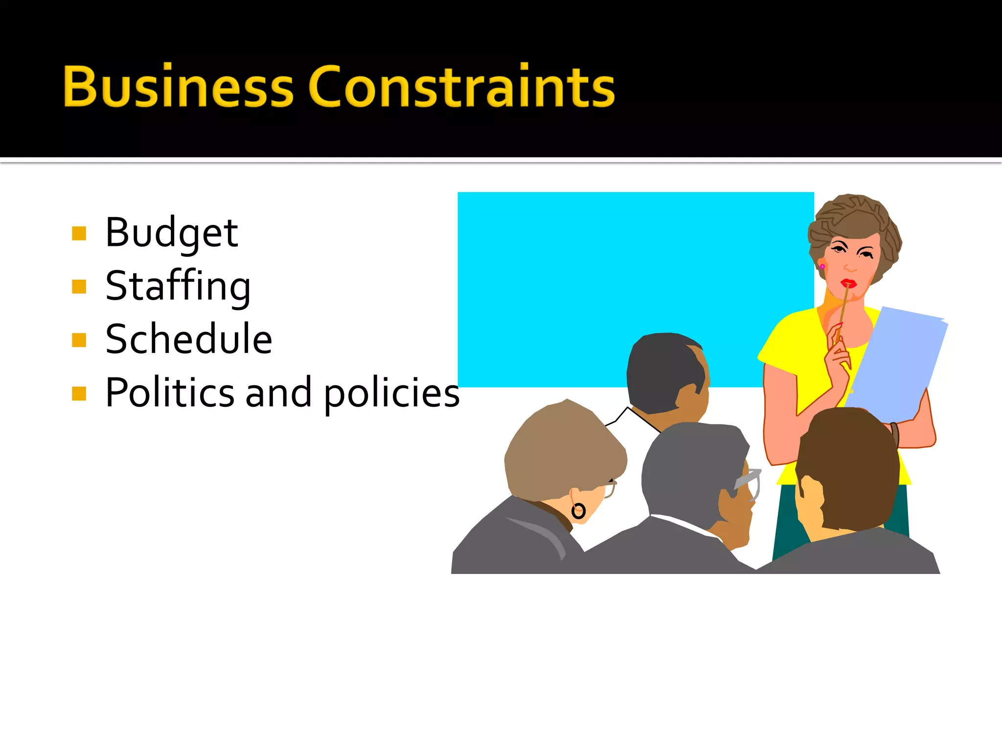  Budget
 Staffing
 Schedule
 Politics and policies
 