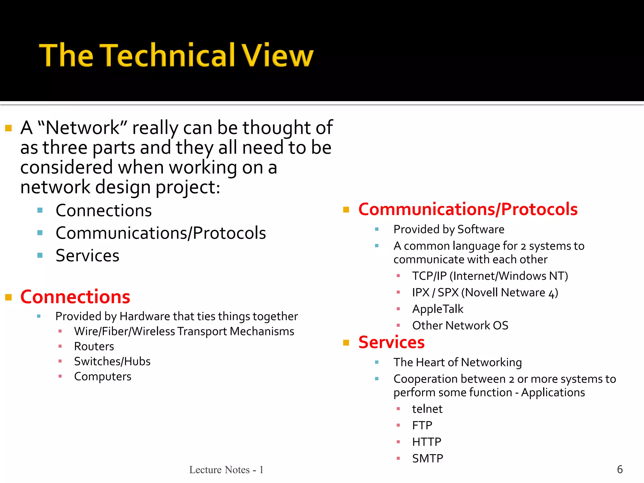 Lecture Notes - 1 6
 A “Network” really can be thought of
as three parts and they all need to be
considered when working on a
network design project:
▪ Connections
▪ Communications/Protocols
▪ Services
 Connections
▪ Provided by Hardware that ties things together
▪ Wire/Fiber/Wireless Transport Mechanisms
▪ Routers
▪ Switches/Hubs
▪ Computers
 Communications/Protocols
▪ Provided by Software
▪ A common language for 2 systems to
communicate with each other
▪ TCP/IP (Internet/Windows NT)
▪ IPX / SPX (Novell Netware 4)
▪ AppleTalk
▪ Other Network OS
 Services
▪ The Heart of Networking
▪ Cooperation between 2 or more systems to
perform some function - Applications
▪ telnet
▪ FTP
▪ HTTP
▪ SMTP
 