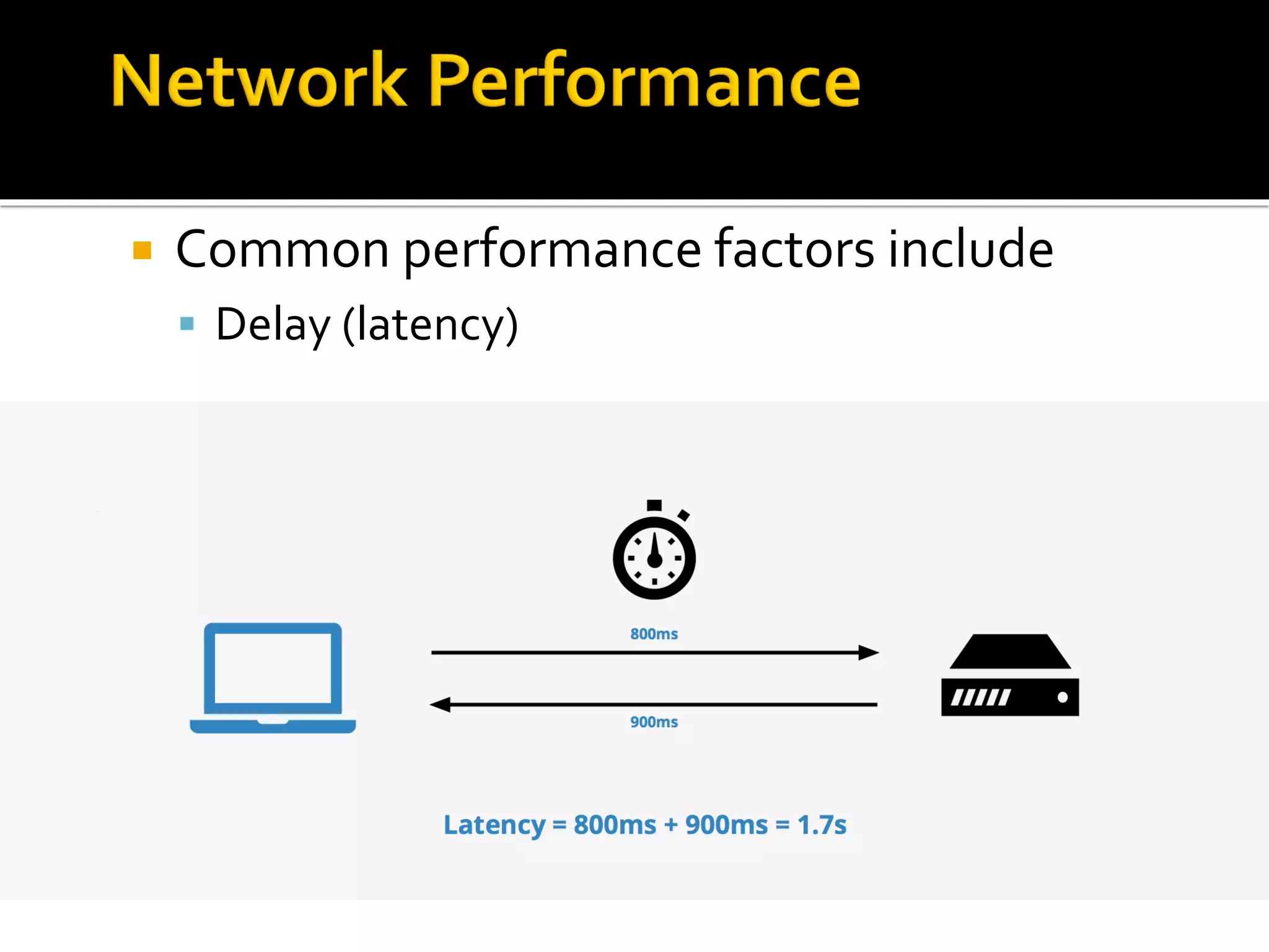  Common performance factors include
▪ Delay (latency)
 
