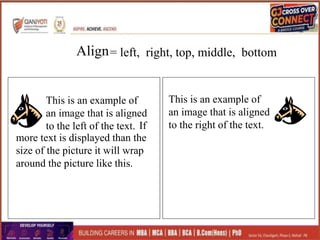 Align= left, right, top, middle, bottom
This is an example of
an image that is aligned
to the left of the text.
This is an example of
an image that is aligned
to the right of the text.
If
more text is displayed than the
size of the picture it will wrap
around the picture like this.
 