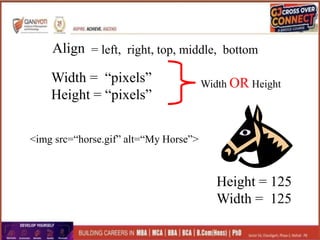 Align = left, right, top, middle, bottom
Width = “pixels”
Height = “pixels”
Width OR Height
<img src=“horse.gif” alt=“My Horse”>
Height = 125
Width = 125
 