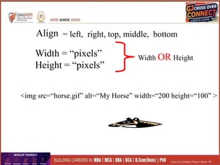 <img src=“horse.gif” alt=“My Horse” width=“200 height=“100” >
Align = left, right, top, middle, bottom
Width = “pixels”
Height = “pixels”
Width OR Height
 