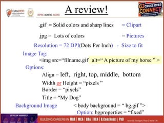 A review!
Image Tag:
<img src=“filname.gif” >
.gif = Solid colors and sharp lines
.jpg = Lots of colors = Pictures
= Clipart
alt=“ A picture of my horse ” >
Options:
Align = left, right, top, middle, bottom
Width or Height = “pixels ”
Border = “pixels”
Background Image < body background = “ bg.gif ”>
Option: bgproperties = “fixed”
Resolution = 72 DPI(Dots Per Inch) - Size to fit
Title = “My Dog”
 