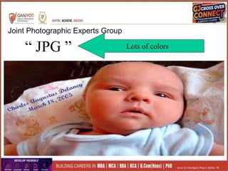 “ JPG ” Lots of colors
Joint Photographic Experts Group
 