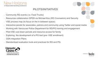 PILOTS/INITIATIVES
• Community RG events (i.e. Food Trucks)
• Resources collaboration GPEB via Michael Koo (RG Counselors) and Security
• VSE process map (to focus on the in-between space)
• Interactive panels for associates, patrons and community using Twitter and social media
• Working with Vancouver Police Department for RG/PG training and engagement
• Pilot-VSE cool down periods and resource access for family
• Exploring the development of a PG tool (pre- VSE enrollment)
• GSA integration Plans.
• Standardized evaluation tools and practices for RG and PG.
 