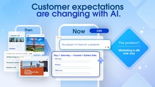 Customer expectations
are changing with AI.
The problem?
Marketing is still
one way
Day 1: Saturday — Coastal + Golden Gate
Morning
Midday
Afternoon
Yes please! I’m there for a weekend.
Now LLMs
Then
Meet Me in SF
Things to do in San Fran in October
10 Best things to do in SF
The local’s travel guide to SF
October in SF
10 Best things to do in SF
The local’s travel guide to SF
 