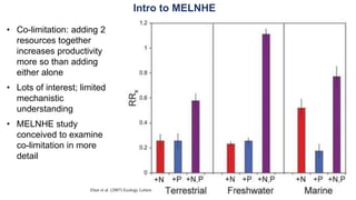 Elser et al. (2007) Ecology Letters
Intro to MELNHE
• Co-limitation: adding 2
resources together
increases productivity
more so than adding
either alone
• Lots of interest; limited
mechanistic
understanding
• MELNHE study
conceived to examine
co-limitation in more
detail
 