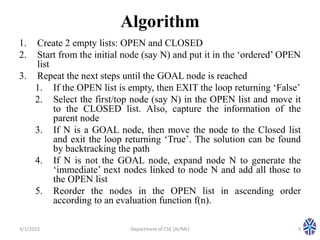 Algorithm
1. Create 2 empty lists: OPEN and CLOSED
2. Start from the initial node (say N) and put it in the ‘ordered’ OPEN
list
3. Repeat the next steps until the GOAL node is reached
1. If the OPEN list is empty, then EXIT the loop returning ‘False’
2. Select the first/top node (say N) in the OPEN list and move it
to the CLOSED list. Also, capture the information of the
parent node
3. If N is a GOAL node, then move the node to the Closed list
and exit the loop returning ‘True’. The solution can be found
by backtracking the path
4. If N is not the GOAL node, expand node N to generate the
‘immediate’ next nodes linked to node N and add all those to
the OPEN list
5. Reorder the nodes in the OPEN list in ascending order
according to an evaluation function f(n).
3/1/2023 9
Department of CSE (AI/ML)
 