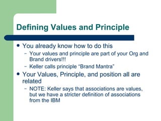 Defining Values and Principle You already know how to do this Your values and principle are part of your Org and Brand drivers!!! Keller calls principle “Brand Mantra” Your Values, Principle, and position all are related NOTE: Keller says that associations are values, but we have a stricter definition of associations from the IBM 